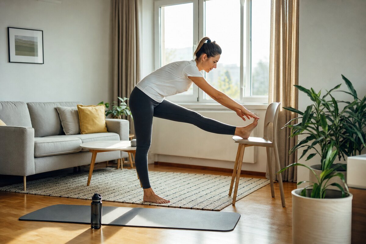 Femeie făcând stretching de dimineață acasă, întindere pe scaun, într-un living luminos