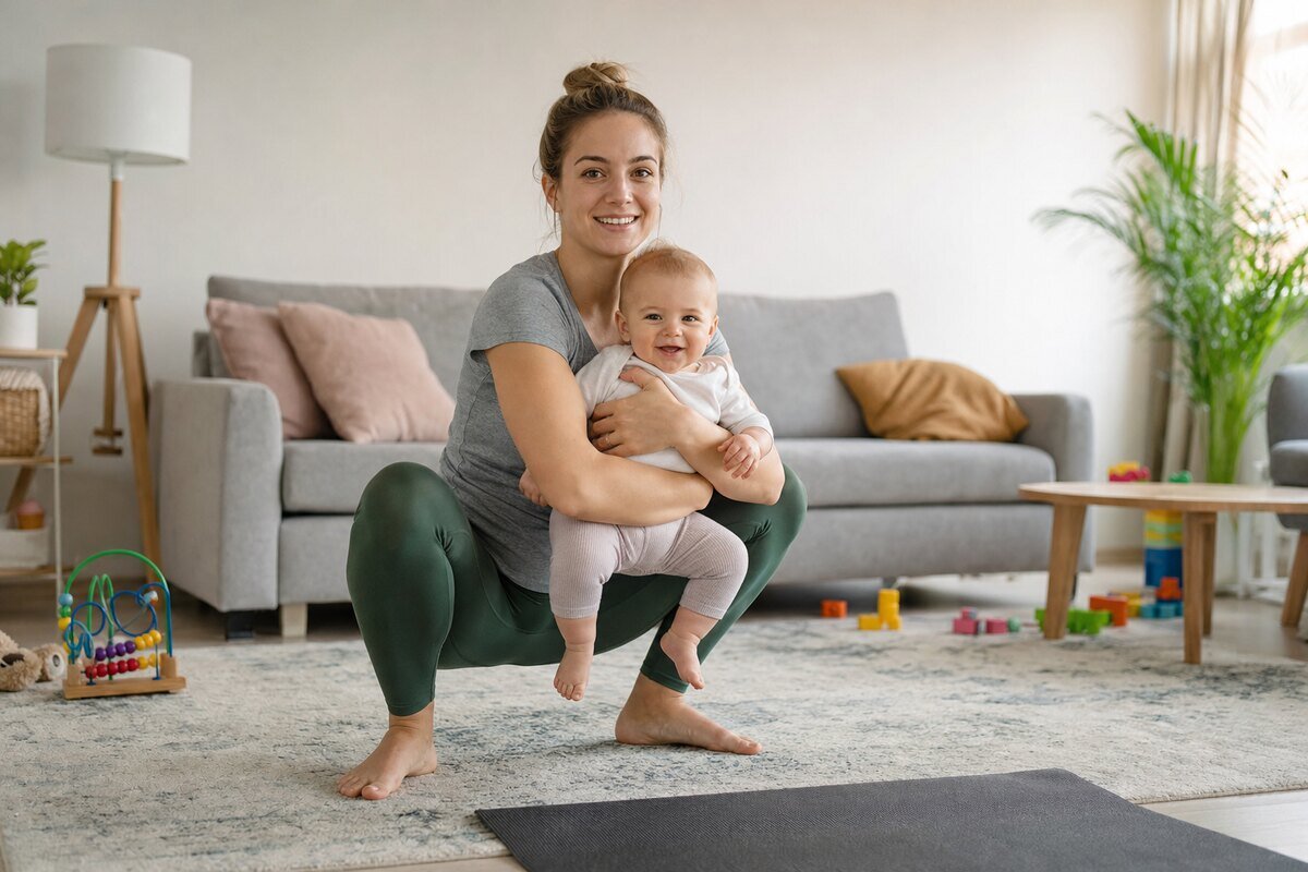 Mamă face genuflexiuni cu bebelușul în brațe într-un living luminos, pe covoraș de yoga