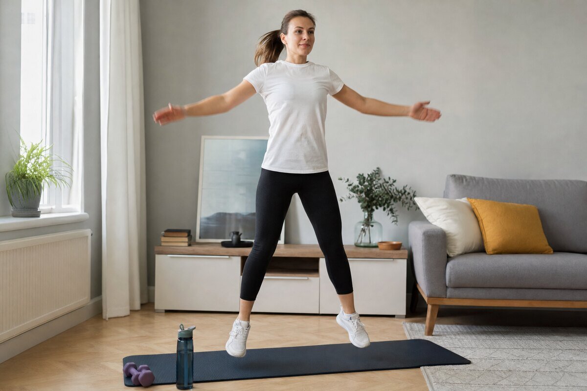 Femeie făcând jumping jacks pe saltea, acasă, în echipament sport simplu