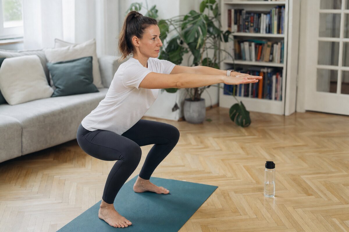 Femeie făcând genuflexiuni corect pe saltea, acasă, într-un living luminos