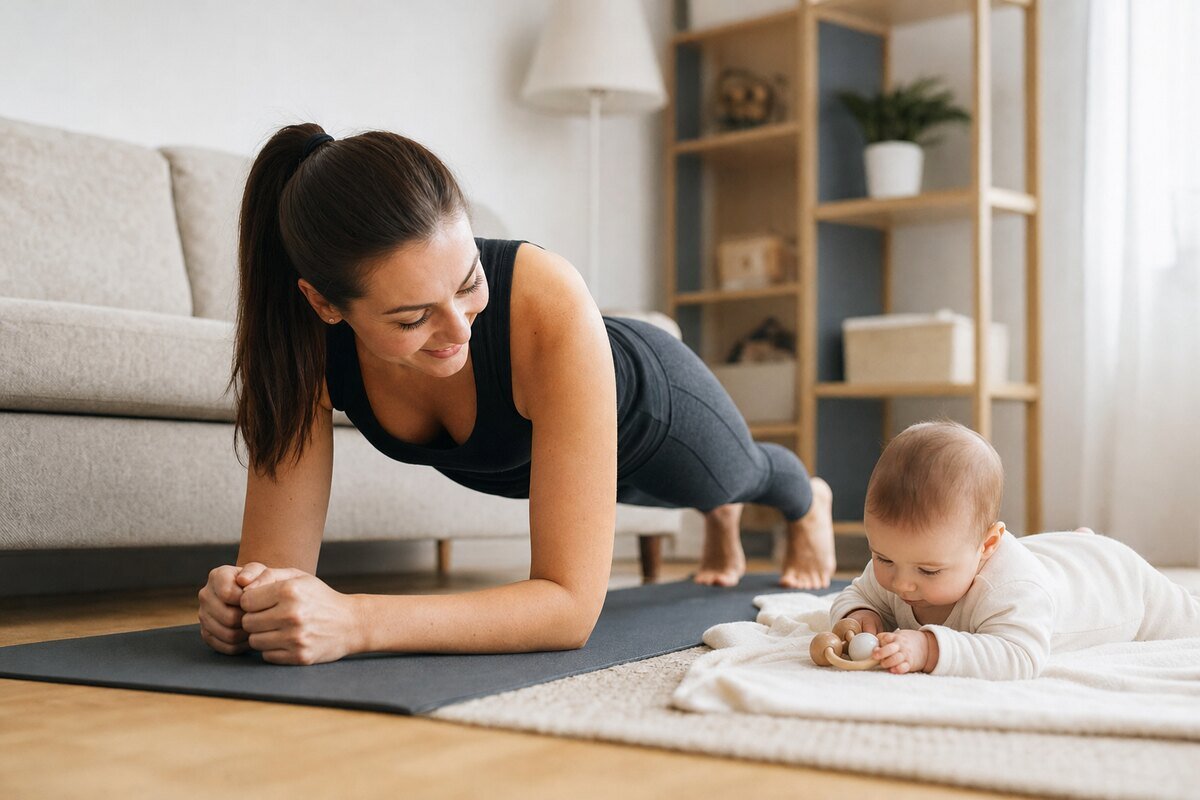 Mamă face plank pe covoraș, bebelușul stă pe burtică lângă ea, într-un living luminos